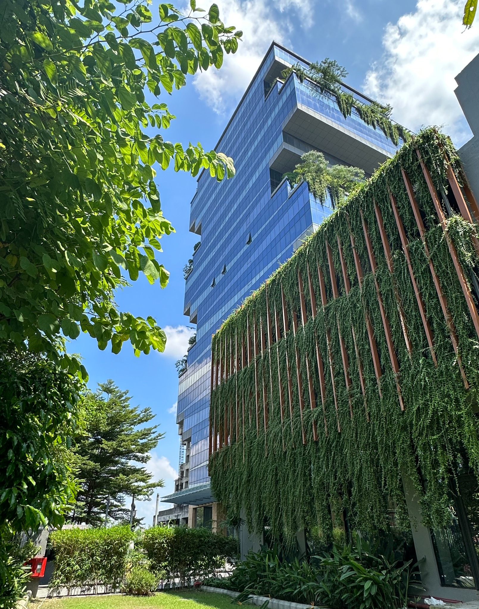 Street-level view of the Biowonder tower and planted vertical screen, Kolkata