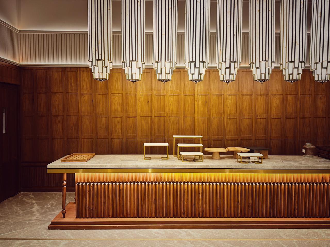 Reception counter and pendant lights
